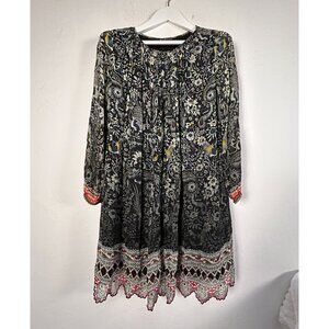 Tanvi Kedia Womens Floral Embroidered Boho Tunic Dress Small Long Sleeve Black